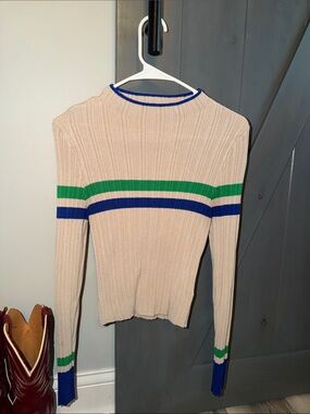 BDG Beige Ribbed Knit Top with Blue Trim